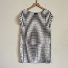 Tahari 100% Linen Cap Sleeve Shift Mini Dress Small Blue White Stripes Pockets
