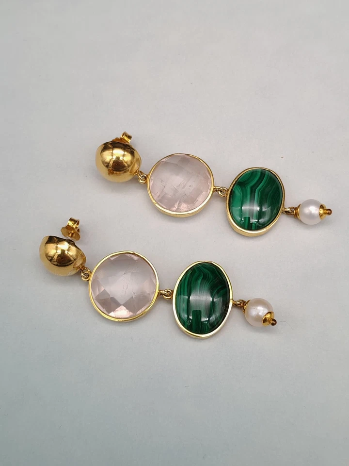 Orecchini donna malachite quarzo rosa perla arg. 925 plac oro fatti in Italia - Immagine 4 di 4