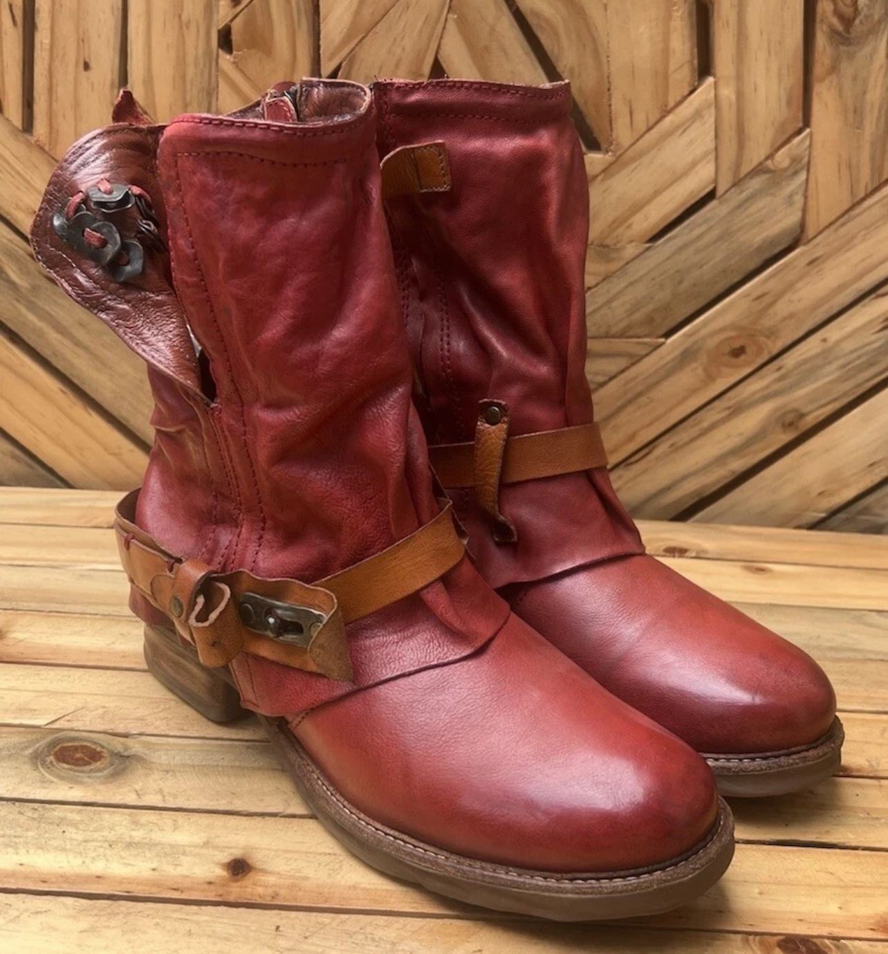 As 98 Airstep Italian Zipper Boho Biker Red Distressed Ankle Boot EU 38/US 7.5-8