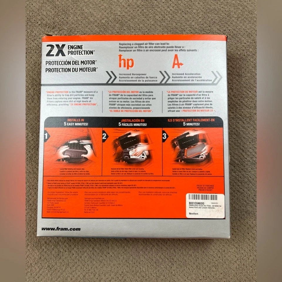 Filtro de aire del motor Fram Automotive Extra Guard CA 10262 Ford Serie F Expedition Foto 2 de 4