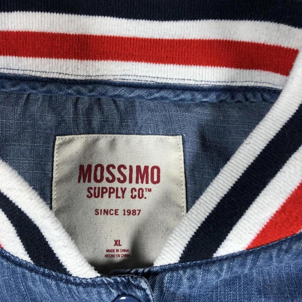 Chaqueta Mossimo Supply Co Para Hombre Extra Grande Azul Denim Bomber Borde Universitario a Rayas Foto 2 de 4