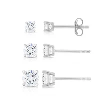 Set of 3! 925 Sterling Silver CZ Solitaire Stud Earrings Push-back Sleeper Studs