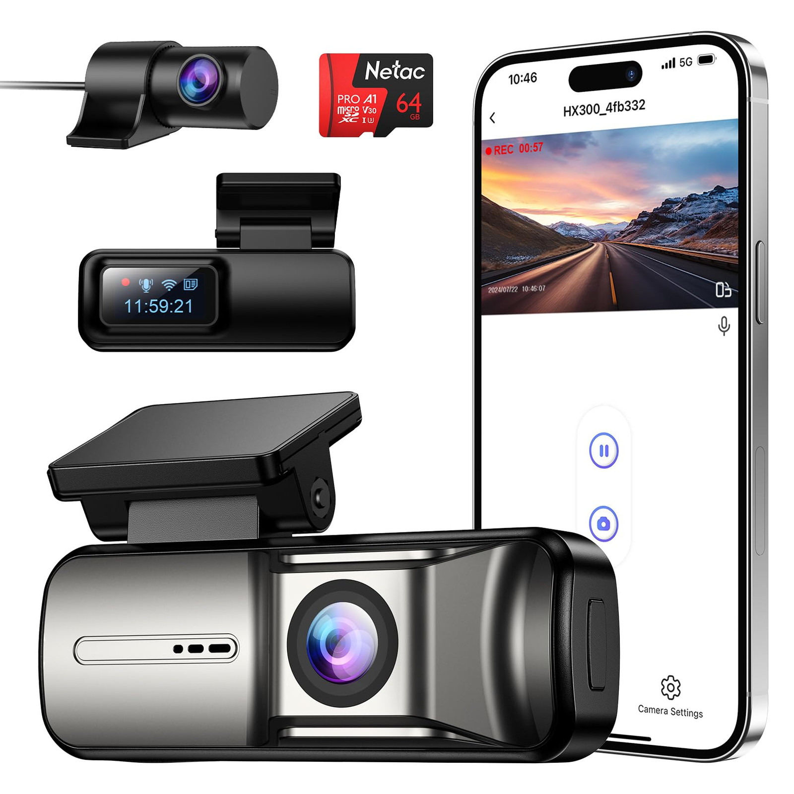 2K/720P Dual Dash Cam with 64GB Card and 5G Wi-Fi for Front and Rear Car Recording-image