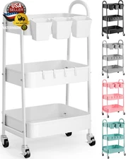 3 Tier Heavy Duty White Metal Rolling Cart with Lockable Wheels, Three Tier Roll
