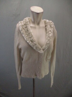 KENZIE Size XL Womens Beige Mohair Blend Lurex Plunge Button Up Cardigan 492