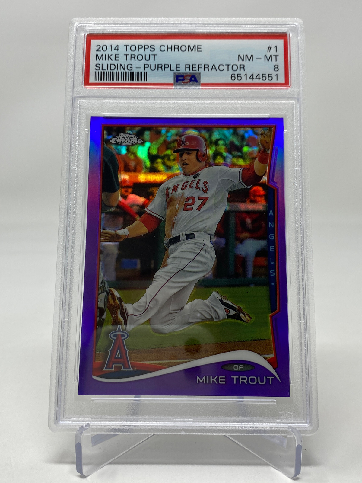 2014 Topps Chrome #1 Mike Trout Sliding PURPLE REFRACTOR - PSA 8 - POP 99 view 18