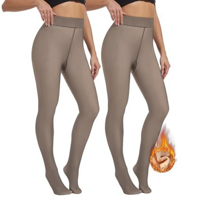  Fleece Lined Tights Women, Warm Small-Medium Fake Translucent, Brown+brown