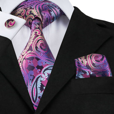 100 % lila Paisley Seidenkrawatte, Einstecktuch & Manschettenknöpfe Set für Hochzeiten, Abschlussball
