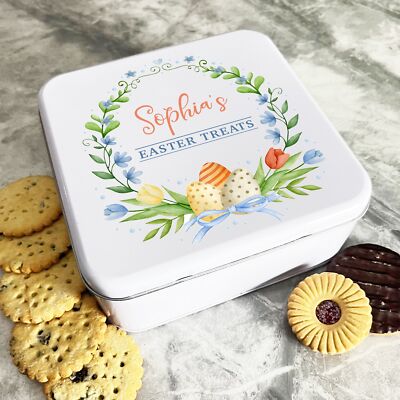 Aquarell Ostereier Kranz personalisiertes Geschenk Kuchen Kekse Süßigkeiten Leckerbissendose