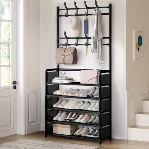 Shoe Rack With Coat Rack Freestanding, Hall Tree For Entryway, 5-Tier Shoe Rack