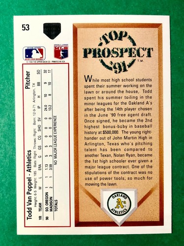 1991 Upper Deck Todd Van Poppel 'Top Prospect '91' #53 Baseball Oakland A's - Picture 2 of 2