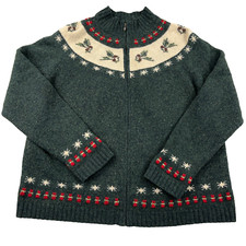 Vintage Woolrich Sweater WomenXL Green Lambs Wool Full Zip Nordic Evergreen