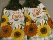 PLUSH HAND CROCHETED TOP HANGING KITCHEN TOWELS SUNFLOWERS GIVE THANKS