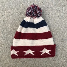 ZARA USA Cuffed Winter Beanie Women's Hat Pom Knit Cap Red White Blue
