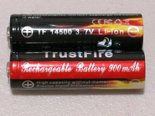 2 new TRUSTFIRE 14500 Li-ion 900mAh Rechargeable Battery 3.7v ButtonTops no PCB