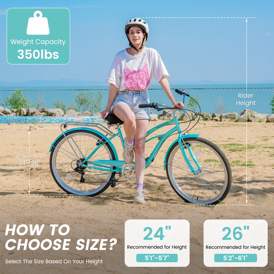 Beach Cruiser Bike for Women Men, 24 26 inch Womens Bike with Rack 7-Speed - Image 3 of 4