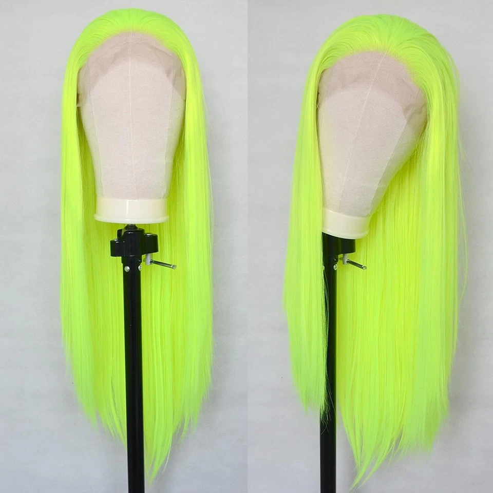 Pelucas frontales de encaje sintético verde neón para mujer cabello largo y liso natural Foto 2 de 4