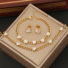 New crystal heart Women's stainless steel earrings bracelet necklace jewelry set