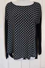 Women's Ann Taylor LOFT Navy Blue Long Sleeve Shirt Print Front Solid Back Sz S