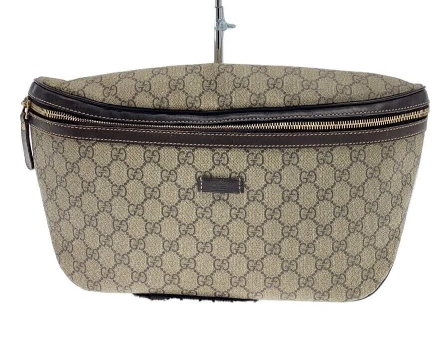 GUCCI GG beige marron poche taille sac bandoulière ceinture PVC × cuir 211110 A