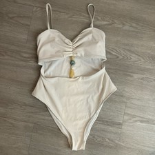 H M Ruched Beaded One Piece Swimsuit Beige Spaghetti Straps Size M