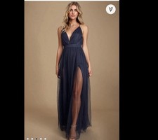 Lulu s Rare Beauty Navy Blue Tulle Backless Maxi Dress.