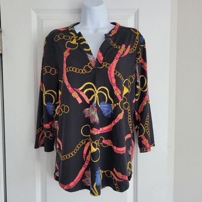 Black Multicolor Chain Print Split Neck Tunic Blouse 3/4 Sleeve Pullover