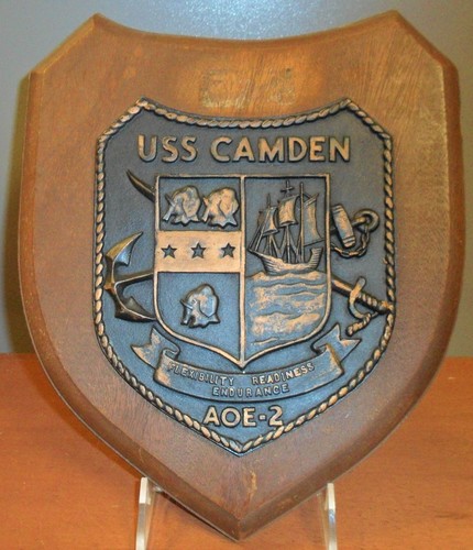 Vintage Carved Wooden Plaque USS CAMDEN AOE-2 Flexibility Readiness Endurance