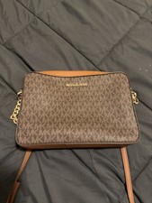 Michael Kors Brown Logo Shoulder Bag Gold Hardware Leather Strap Inner Pockets