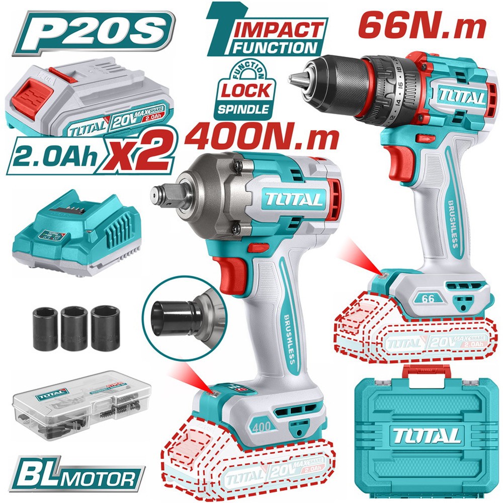 TRAPANO A PERCUSSIONE + AVVITATORE AD IMPULSI 1/2"+ 2 BATTERIE 2Ah 20V TOTAL foto 3