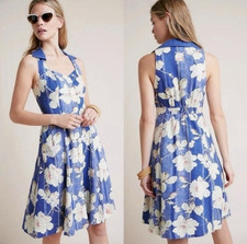 Anthropologie Camelia RetroCollared Dress Womens 6 Blue Floral Sleeveless Linen