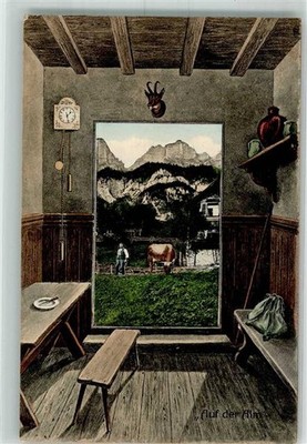39800707 - On the Alm Senner Chamois Head Clock Cow 1911