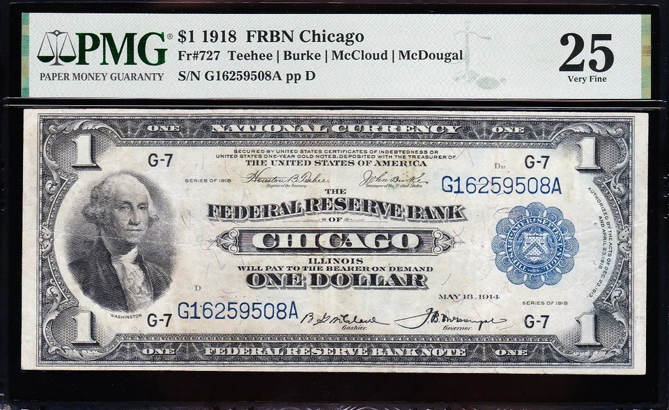 VERY NICE Bold & Crisp VF+ 1918 $1 Chicago FRBN Note! PMG 25! FREE SHIP! 59508A - Image 2 of 3