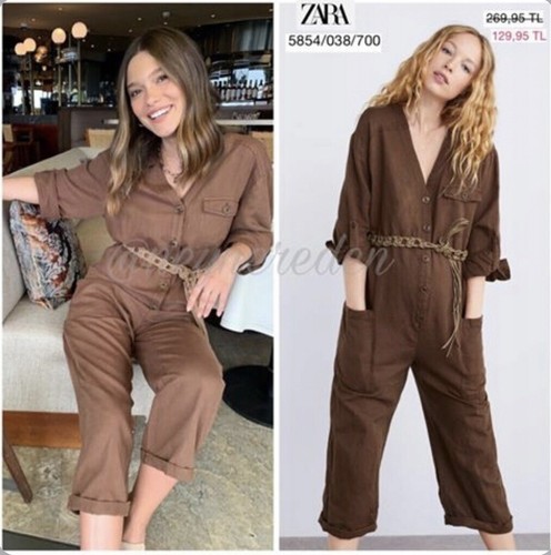 ZARA BROWN WIDE LINEN JUMPSUIT Coastal Lagenlook Boho Artsy 5854/038 NO BELT M