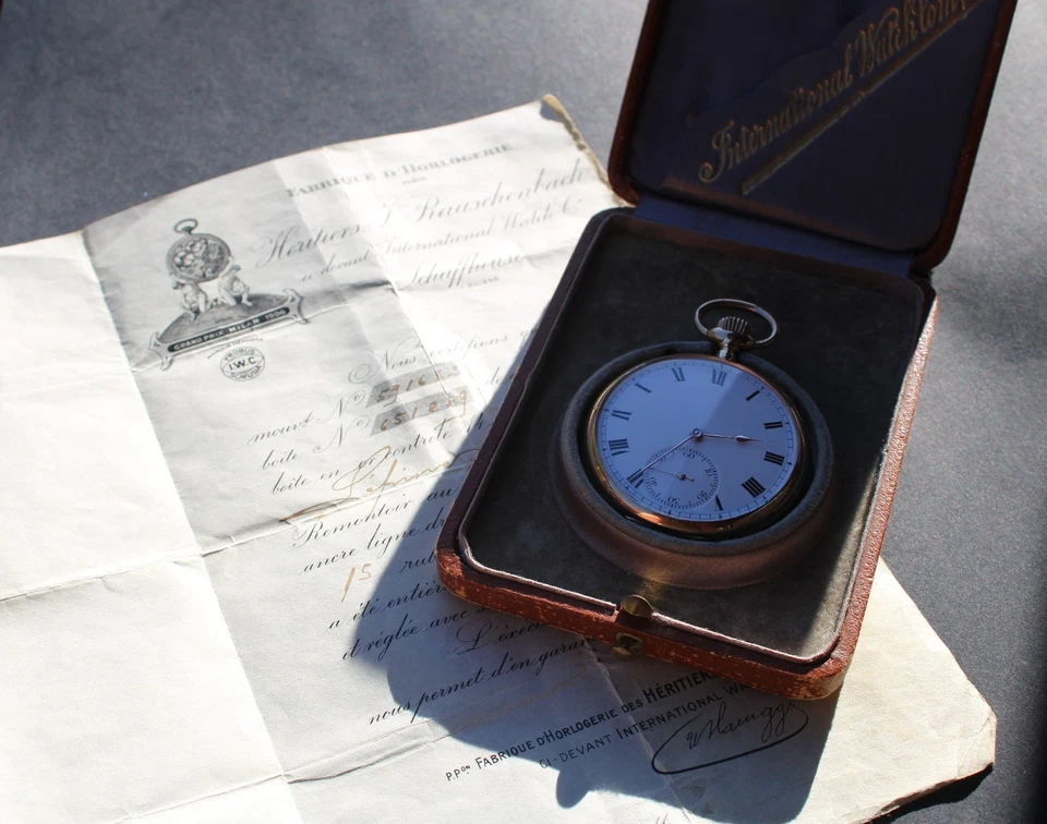 RELOJ BOLSILLO ANTIGUO IWC ORO MACIZO 14K 1915 CON CAJA/PAPEL ORIGINAL Foto 2 de 4