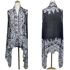 Womens Black White Paisley Print Lightweight Sheer Kimono Vest Duster Boho Fairy