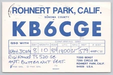Ham Radio QSL KB6CGE The Golden State Rohnert Park California Postcard