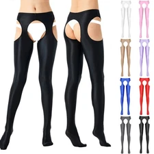 Women's Shiny Satin Glossy Crotchless Tights 4-Open Wet Look Pantyhose Stockings