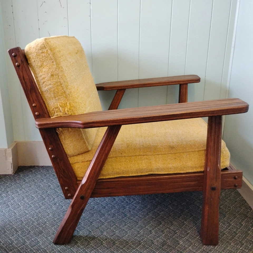 Sillón Brandt Ranch roble rústico cojines dorados originales occidentales mediados de siglo Foto 4 de 4