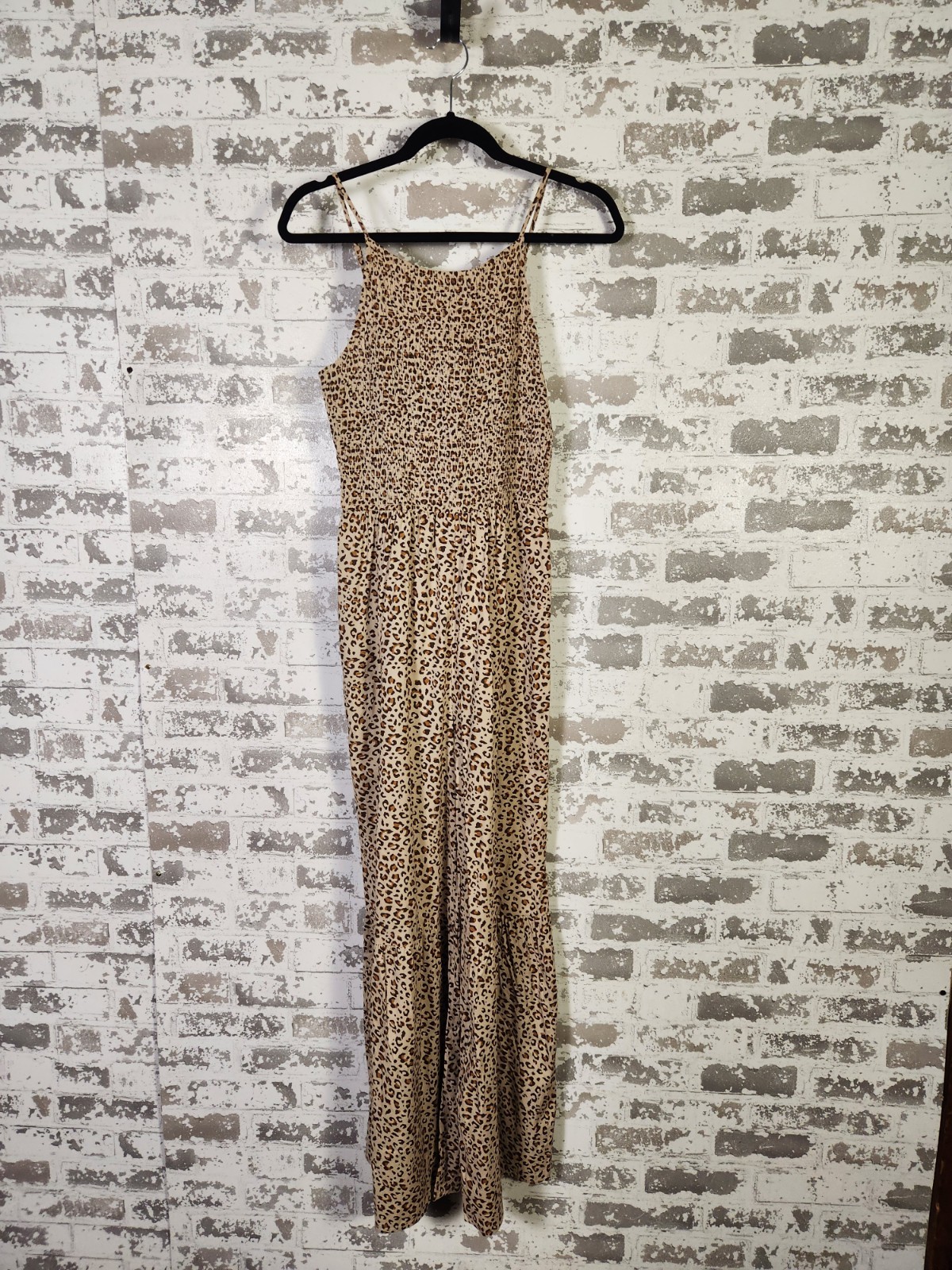 Leopard Print Wide Leg Jumpsuit Medium Brown Pockets Smocked Spaghetti Straps