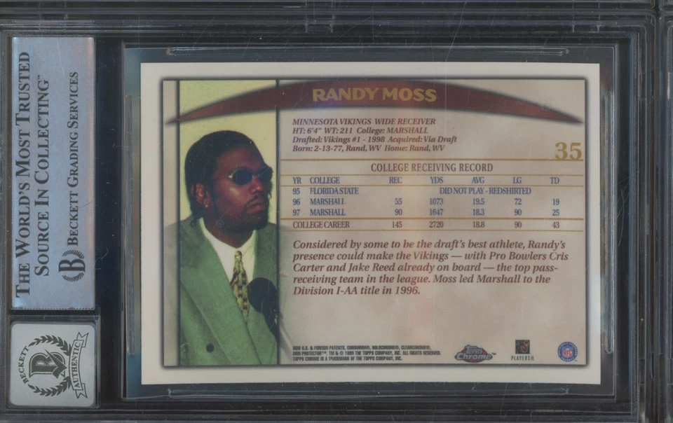 1998 Topps Chrome #35 Randy Moss Autograph RC Rookie BAS BGS Beckett 10 Auto - Image 2 of 2
