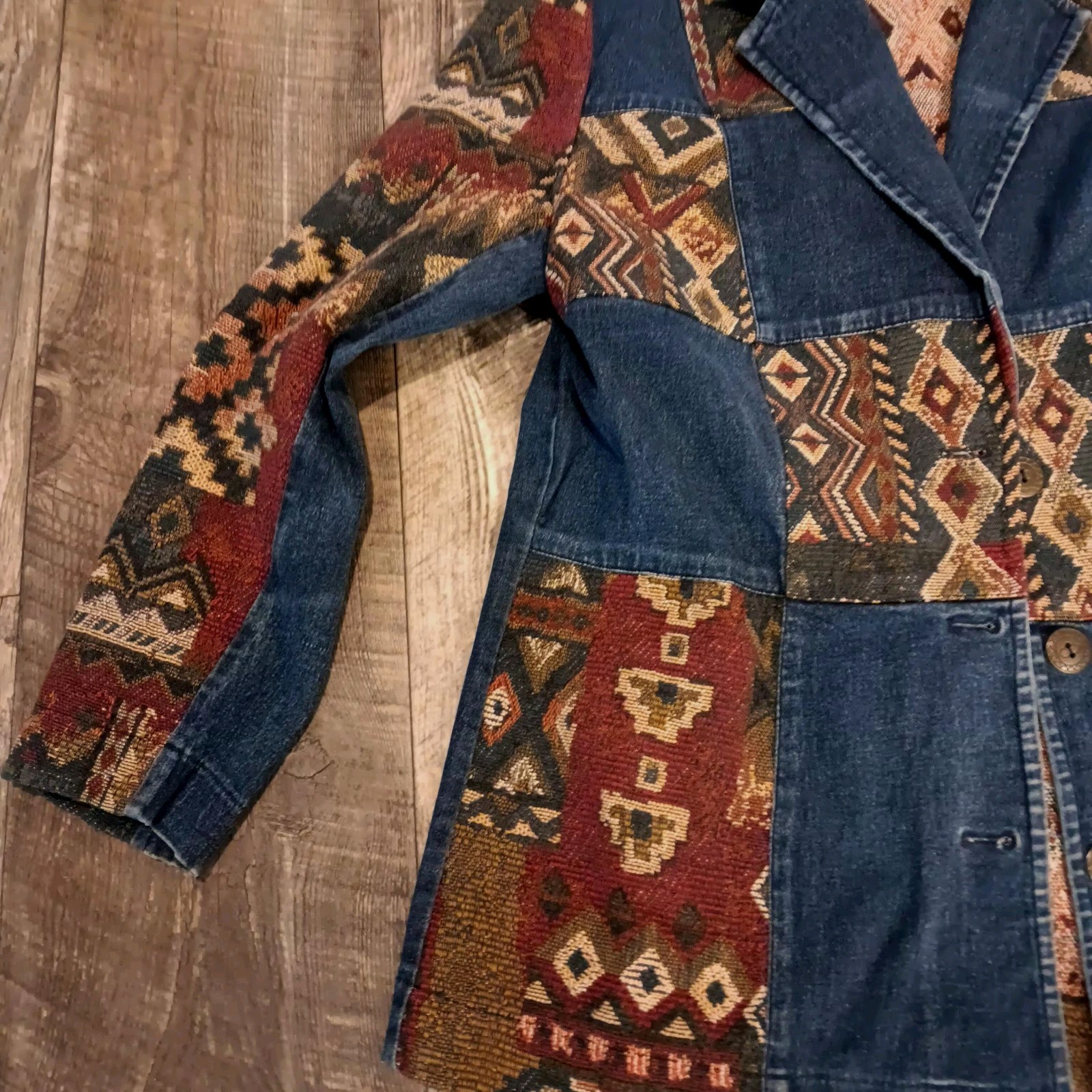 Vtg Western Denim Patchwork Blazer Jacket Aztec B… - image 6