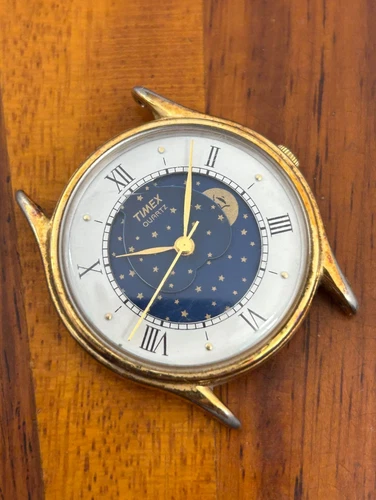 Vintage Timex Watch Men Moon Phase Gold Tone 1988 34mm - For Repair