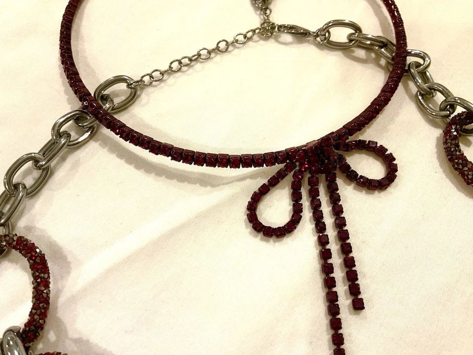 Set 2 Vera Wang Red Necklace Rhinestone Ruby Chain Choker Bow Statement Black - Image 4 of 4