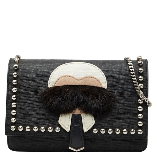 Fendi Karlito Studs Chain Wallet Black Leather Women