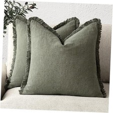 Set of 2 Decorative Linen Fringe Throw 18" x 18" Pack of 2 Olive Green