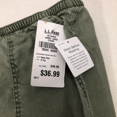 NWT LL Bean Womens Deep Olive Sunwashed Canvas Pants 3X Elastic Waist Drawstring - Picture 3 of 13