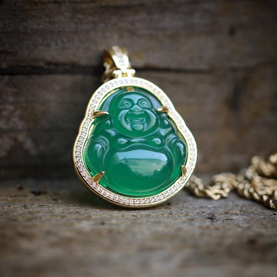 Collar Colgante Para Hombre Chapado en Oro 14k Verde Helado Jade Circonita cúbica Buda Bling Foto 2 de 4