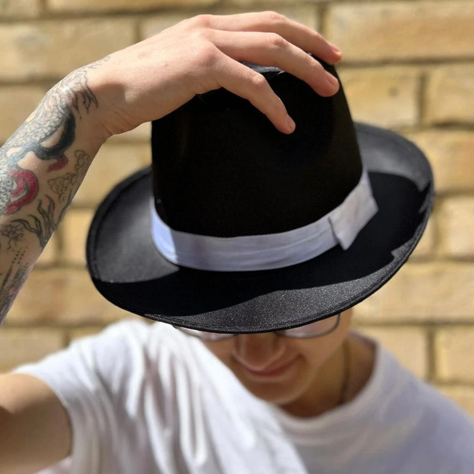 Sombrero de gángster adulto blanco y negro años 20 vestido de fantasía Trilby Al Capone Gatsby Foto 2 de 2