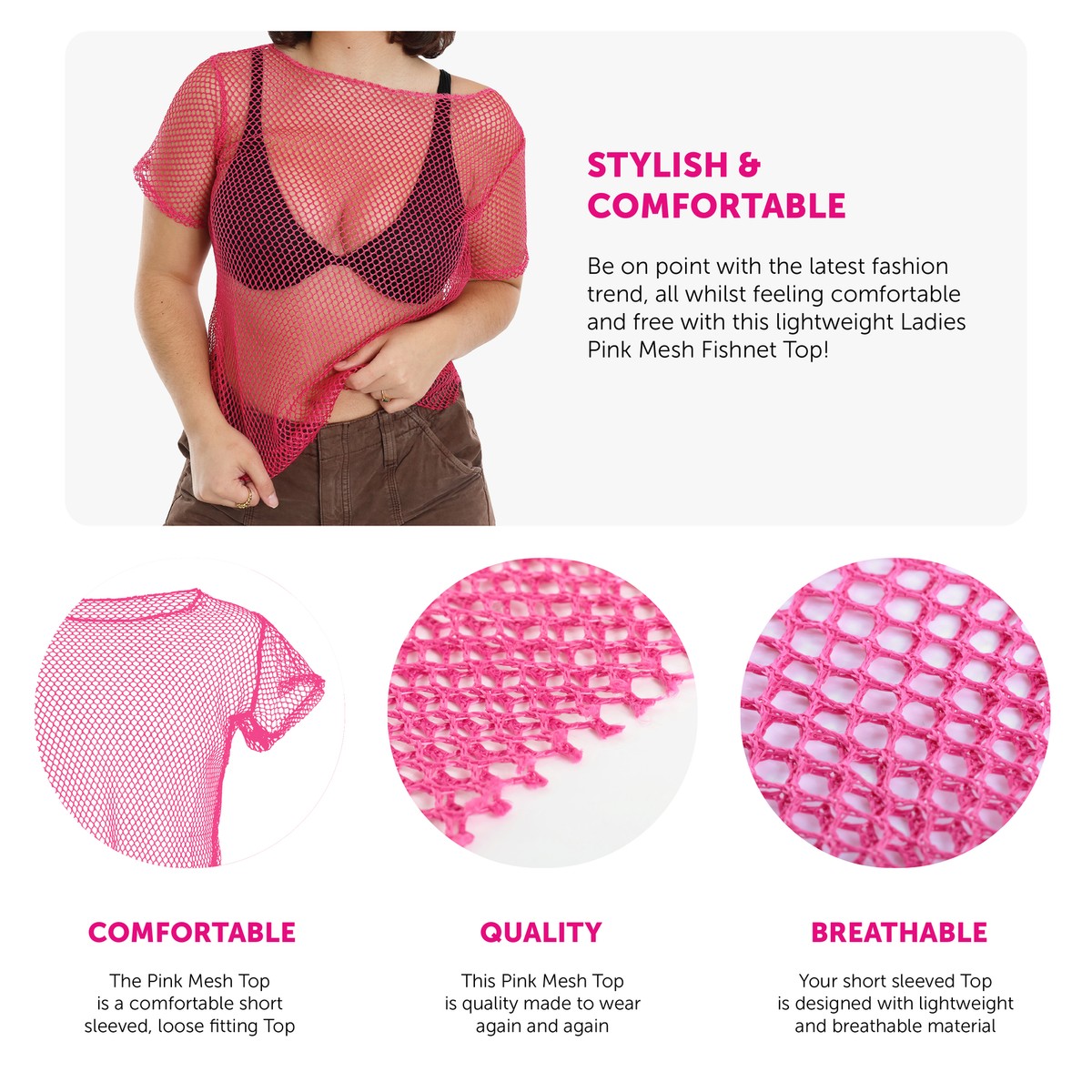WOMENS PINK MESH CROP TOP SHORT SLEEVE FISHNET HOLE KNIT RAVE Y2K